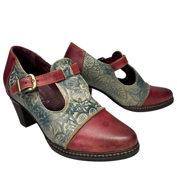 L'Artiste Spring Step Susana Red Green Floral Print Leather Heeled Booties Sz 36 - Picture 1 of 12